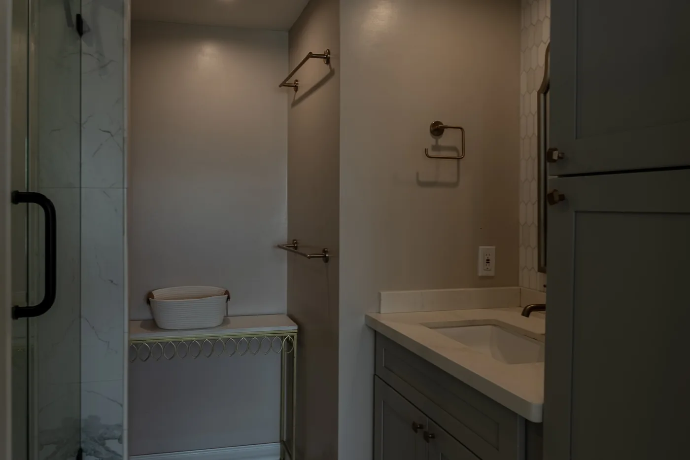 Bathroom with vanity and shower